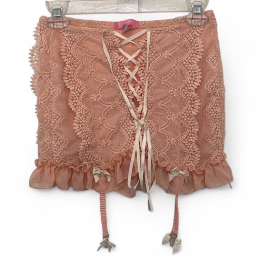 Sugar Thrillz Pink Lace Ruffle Hem Lace Up Mini Skirt